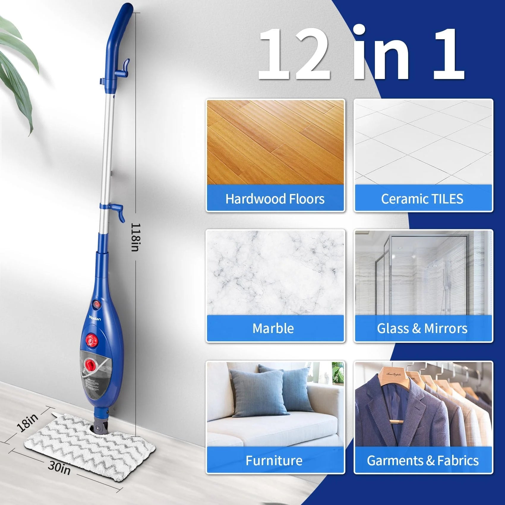 Steam Mop, 10 in 1 Floor Cleaning, Detachable Steam Mop for Tile and Hardwood, Handheld Domestic Steam Cleaner, Blue