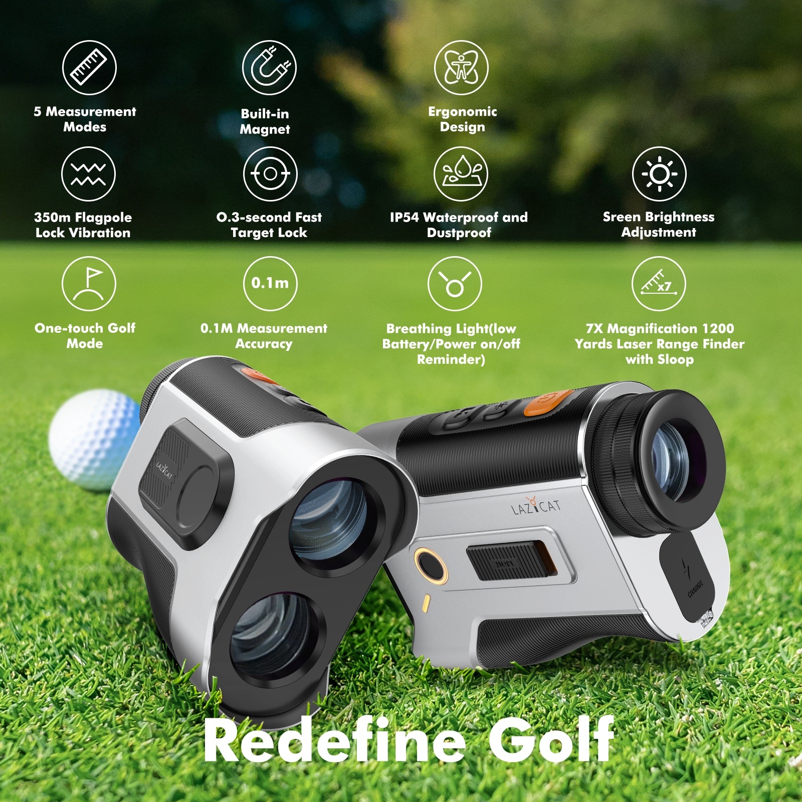 Golf Rangefinder with Slope, 1200 Yards Laser Range Finder Golfing Dimmable, 7X Magnification, Flag Lock Vibration, Measure Speed, Rechargeable with Magnet