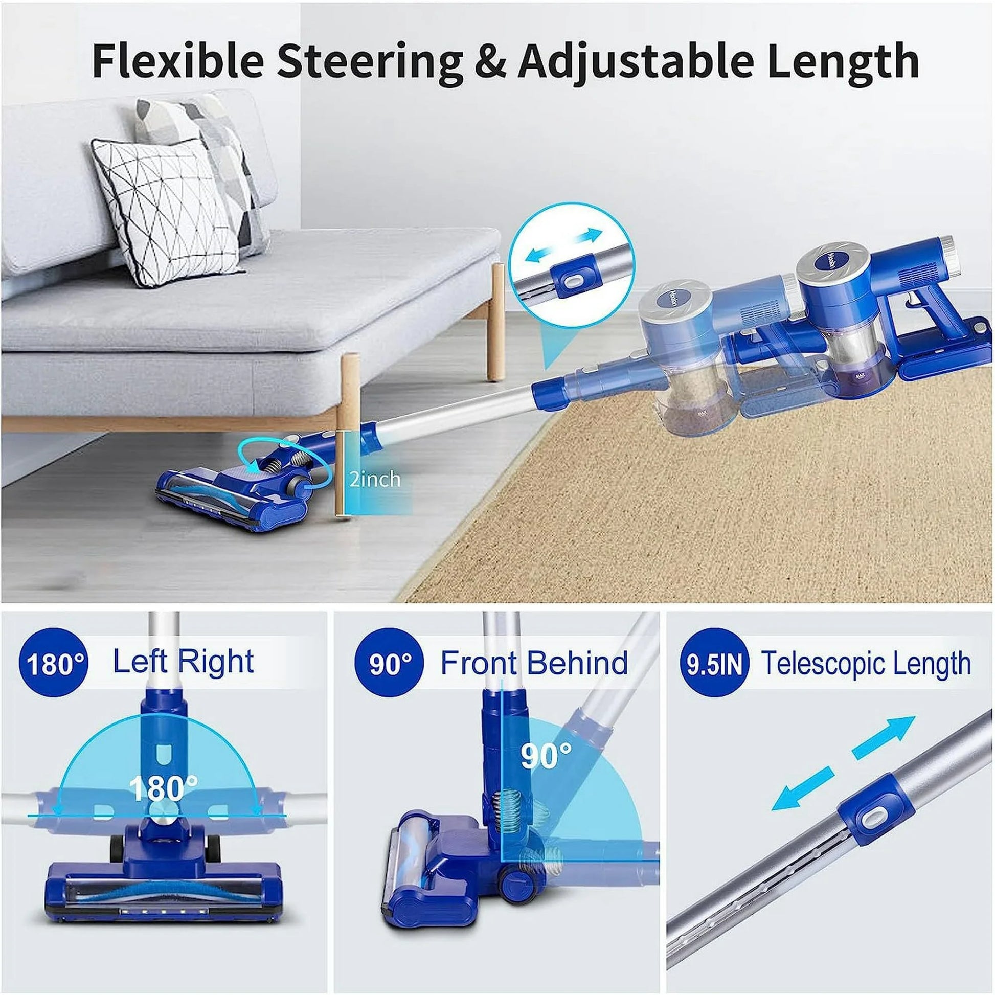 Wireless Vacuum Cleaners, 28kPa Cordless Stick Vacuum Cleaners, Cordless Sweeper with 4 LED Headlights, Blue