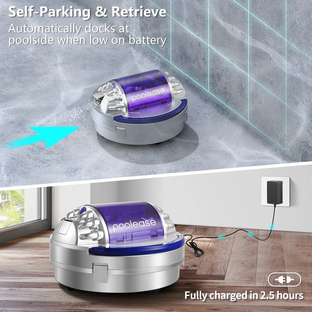 Poolease Cordless Robotic Pool Cleaner, Dual 45W Motors, 90mins Automatic Pool Vacuum with 2L Large Debris Bin, Self-Parking, 40% Enlarged Suction Inlets for Inground & Above Ground Pools