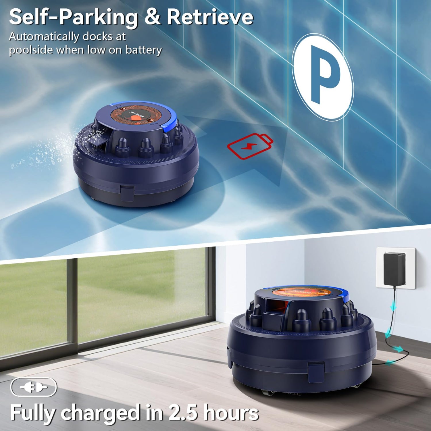 Poolease X2 Cordless Pool Cleaner Robot, Robotic Pool Vacuum for Above/In Ground Pool, 45W Dual-Motor, Self-Parking, Enhanced with 2L Debris Capacity (Dark Blue)