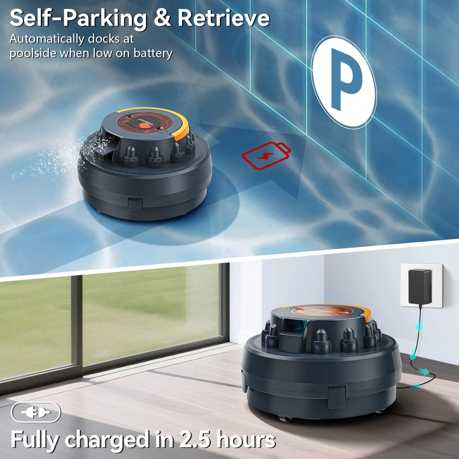 Poolease X2 Cordless Pool Cleaner Robot, Robotic Pool Vacuum for Above/In Ground Pool, 45W Dual-Motor, Self-Parking, Enhanced with 2L Debris Capacity (Navy Blue)