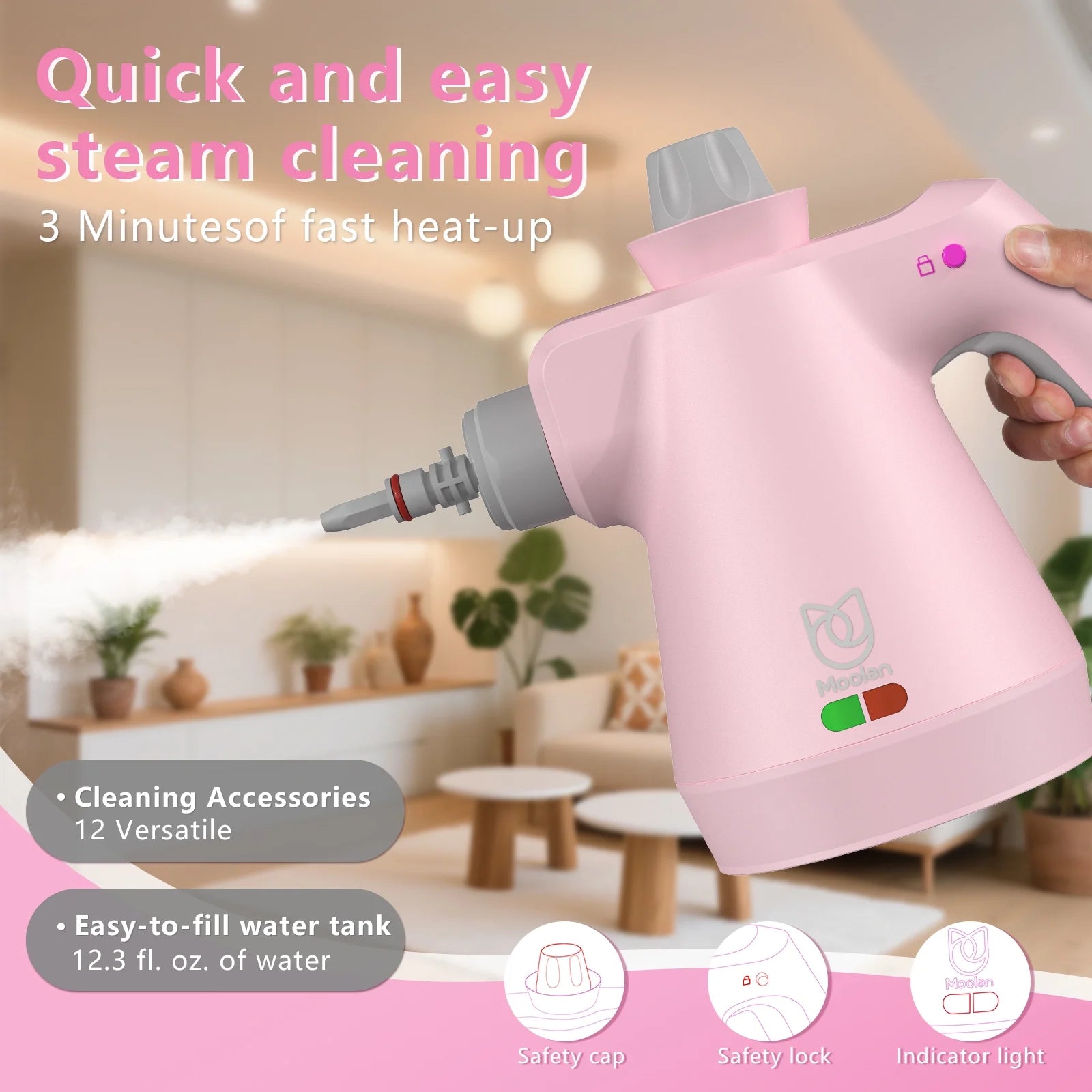 Handheld Steam Cleaner, 12 in 1 Steamer Cleaning& Safety Lock, Multi-Surface & Powerful Home Use for Cleaning, Car, Bathroom, Shower, Window, Grime, Grease
