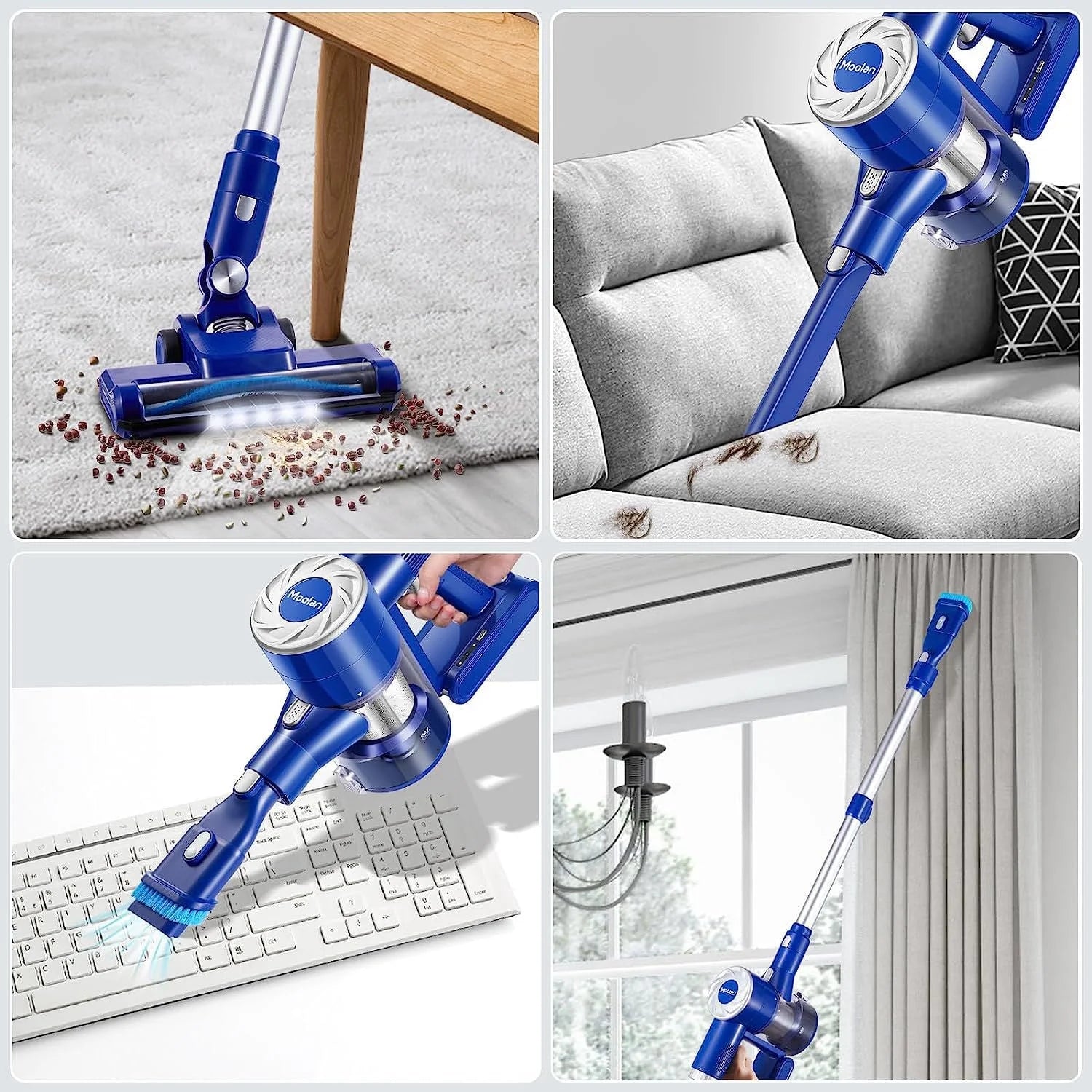 Wireless Vacuum Cleaners, 28kPa Cordless Stick Vacuum Cleaners, Cordless Sweeper with 4 LED Headlights, Blue