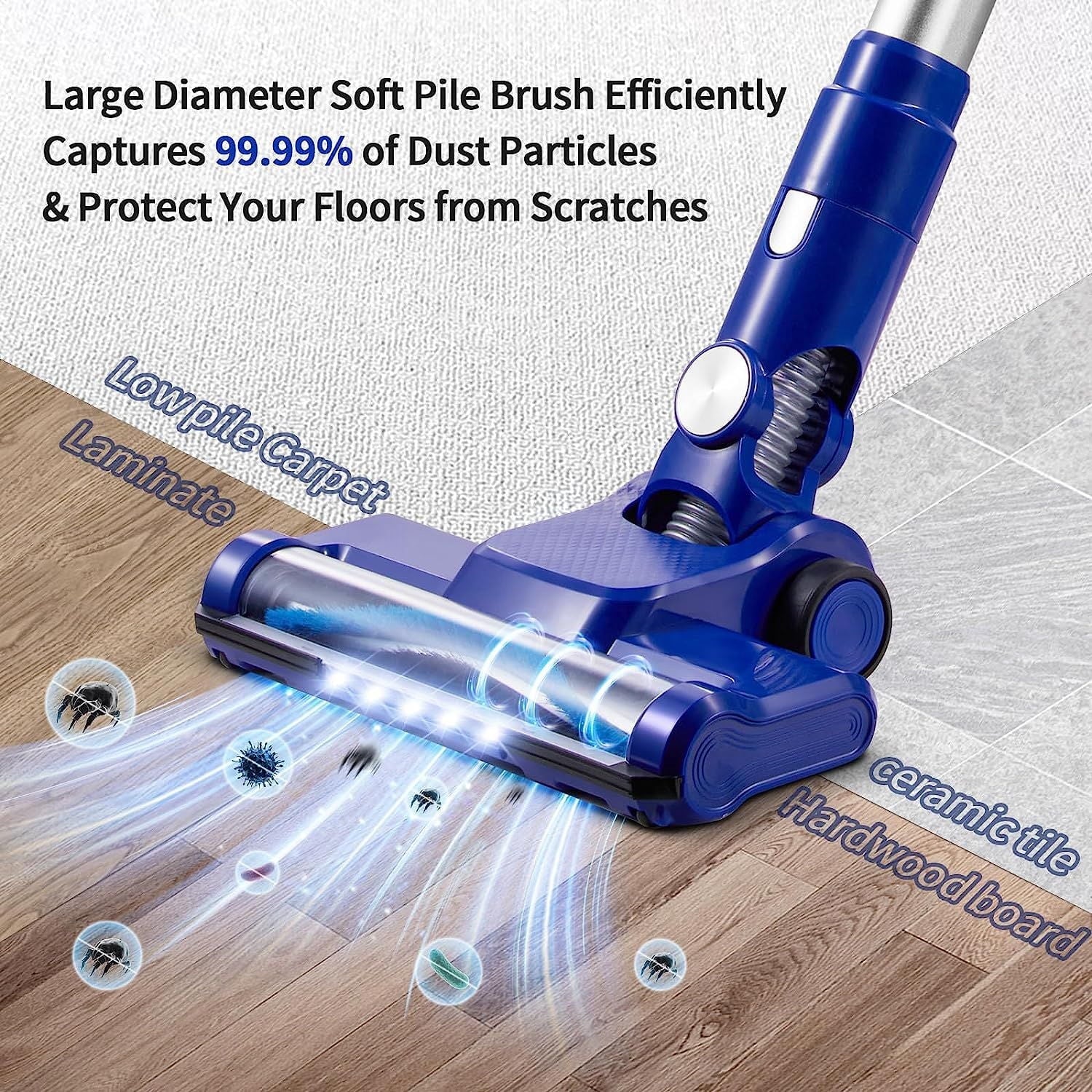 Wireless Vacuum Cleaners, 28kPa Cordless Stick Vacuum Cleaners, Cordless Sweeper with 4 LED Headlights, Blue