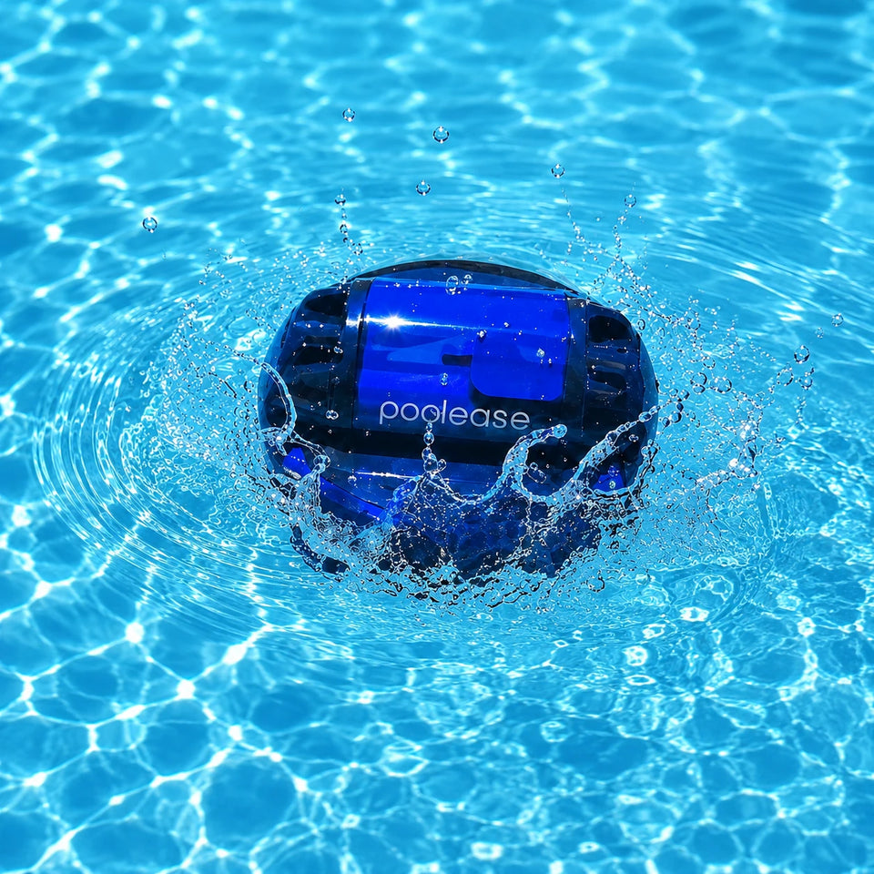 A blue Poolease X1 robot moving through clear pool water.