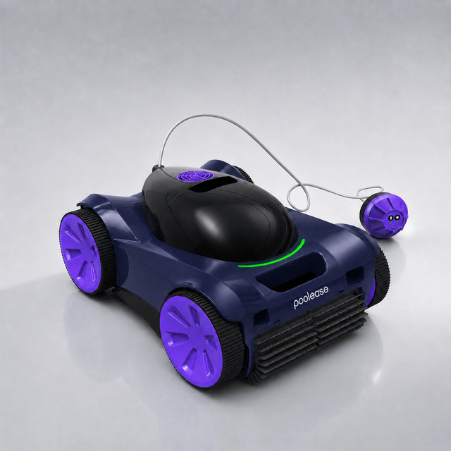 Poolease S1 cordless robotic pool cleaner in dark blue and purple with signal buoy.