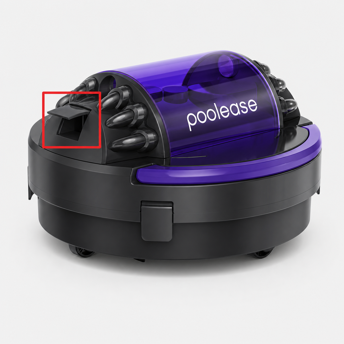Black and purple Poolease X1 showing the water outlet flap location