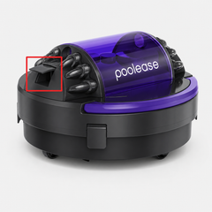 Black and purple Poolease X1 showing the water outlet flap location