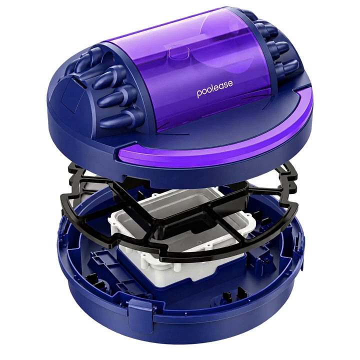 Poolease X1 shown in rotating, internal cutaway, and exploded views.